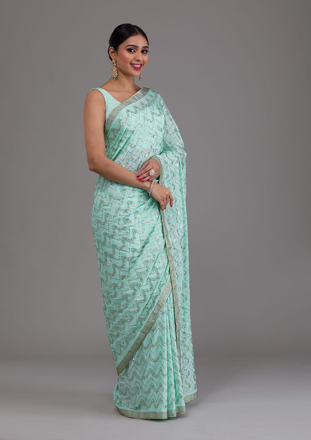 Sea Green Threadwork Semi Crepe Saree-Koskii