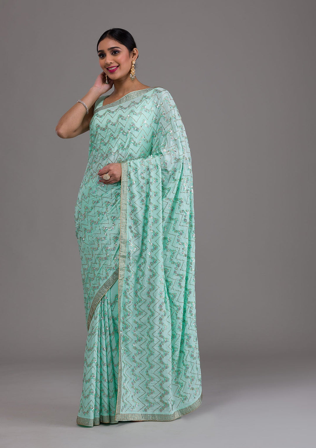 Sea Green Threadwork Semi Crepe Saree-Koskii