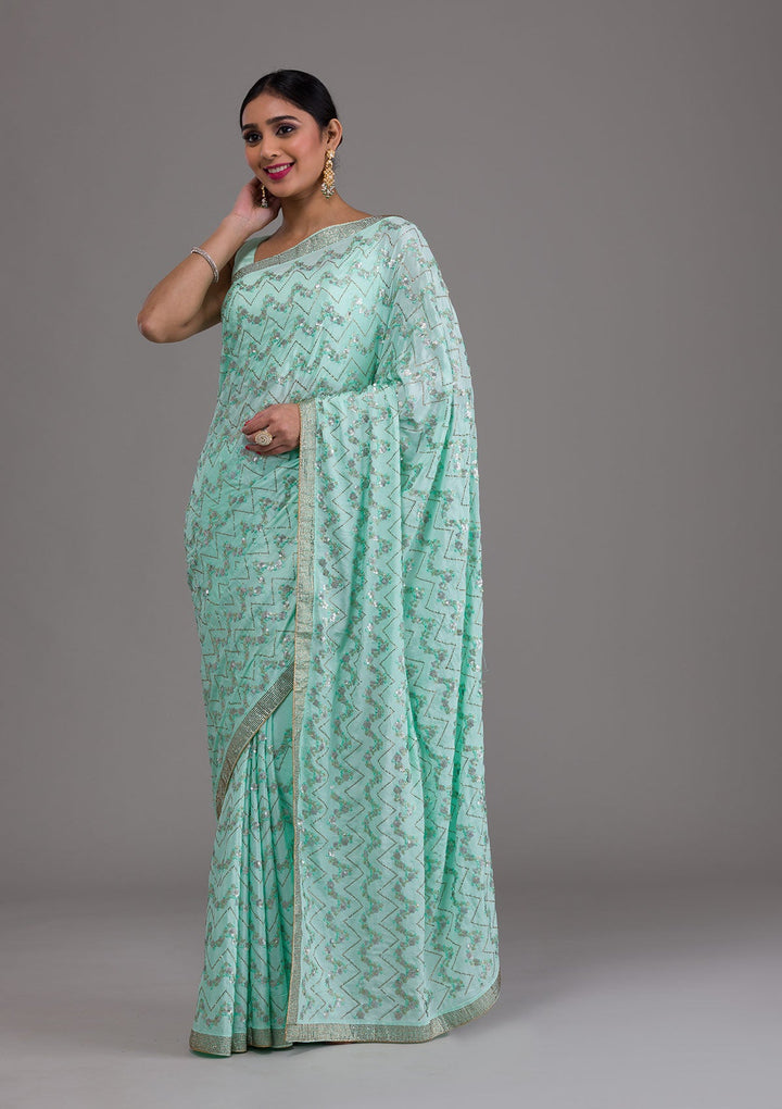 Sea Green Threadwork Semi Crepe Saree-Koskii