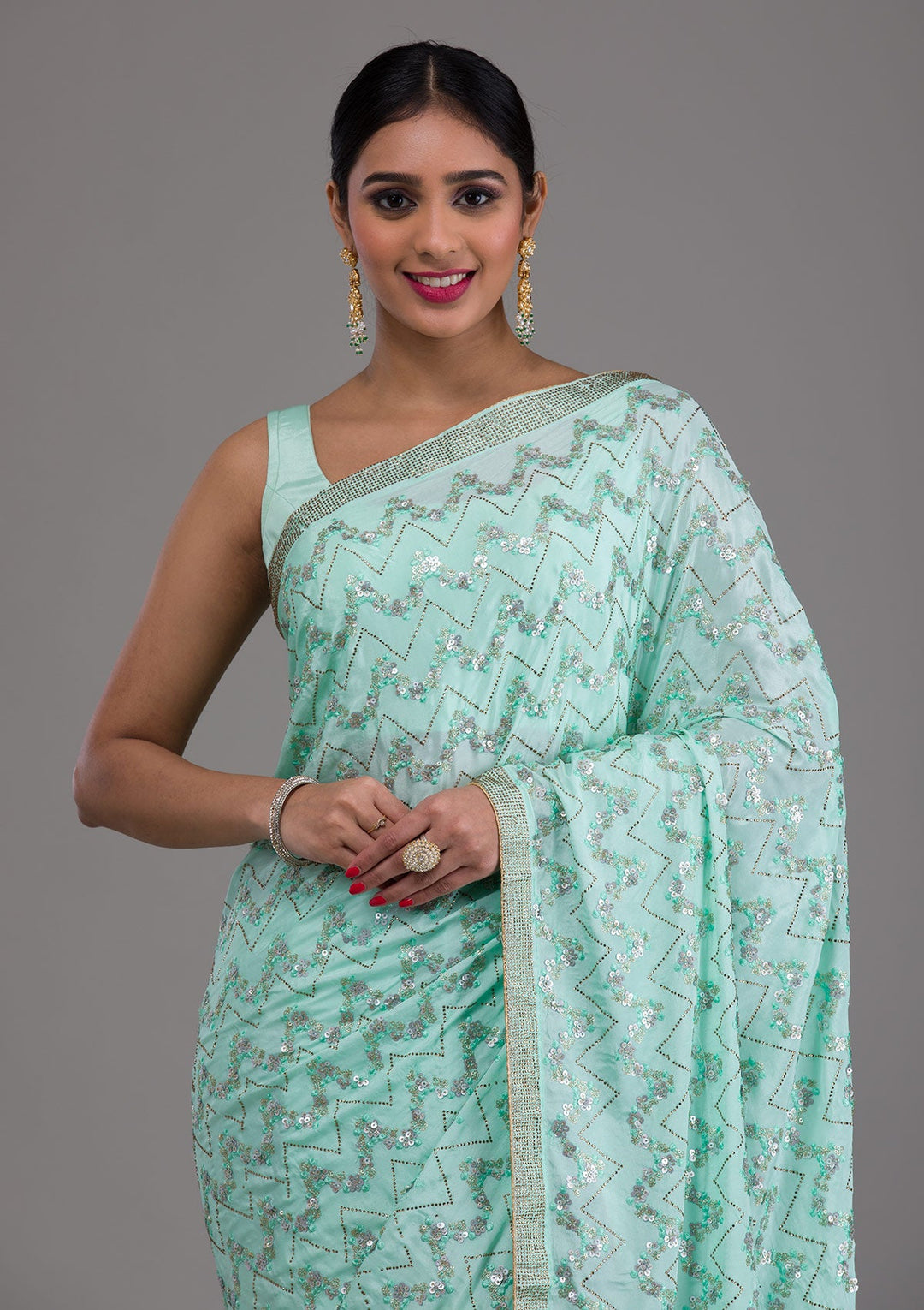 Sea Green Threadwork Semi Crepe Saree-Koskii