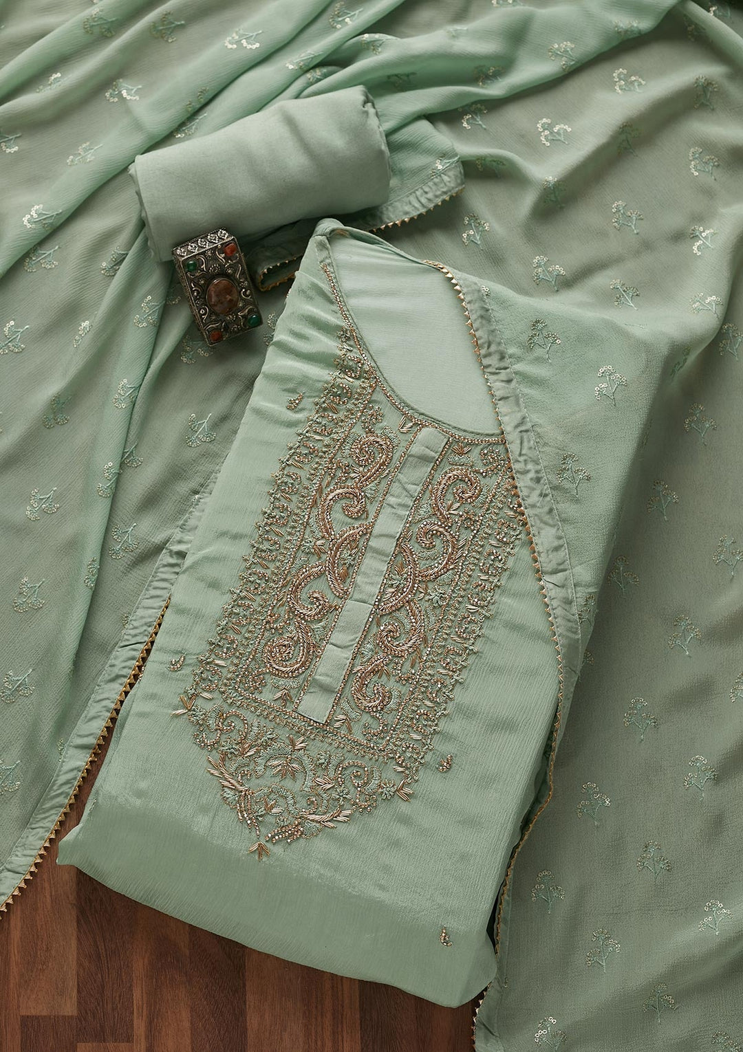 Sea Green Zardosi Georgette Designer Semi-Stitched Salwar Suit - Koskii