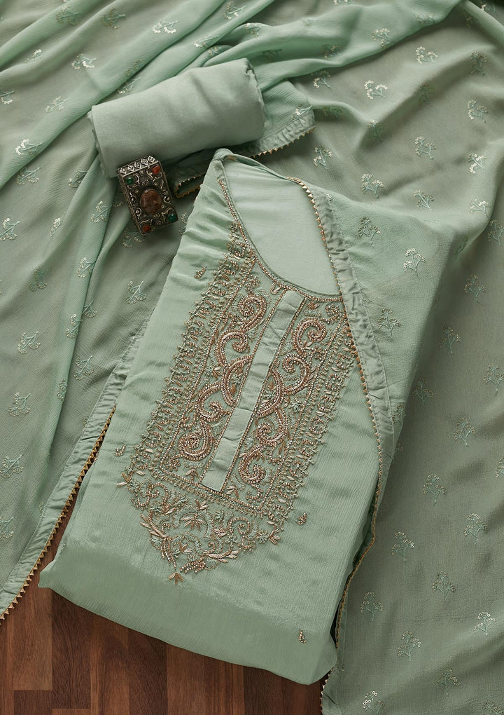 Sea Green Zardosi Georgette Designer Semi-Stitched Salwar Suit - Koskii