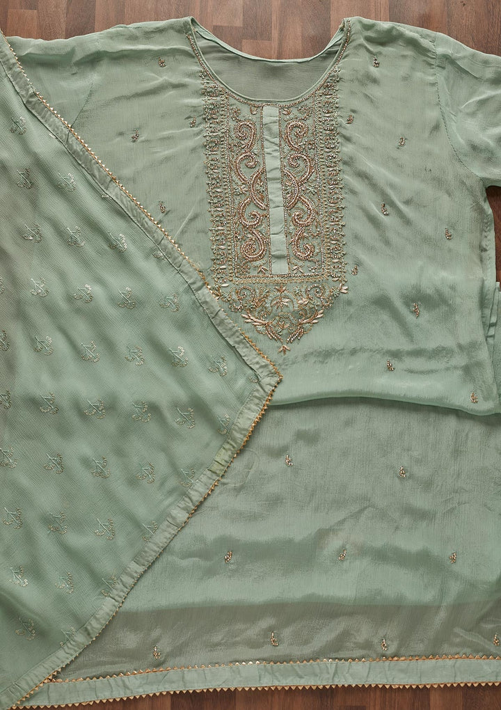 Sea Green Zardosi Georgette Designer Semi-Stitched Salwar Suit - Koskii