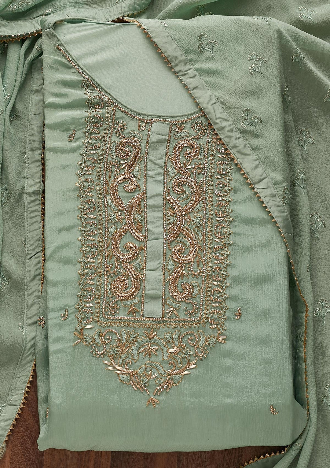 Sea Green Zardosi Georgette Designer Semi-Stitched Salwar Suit - Koskii