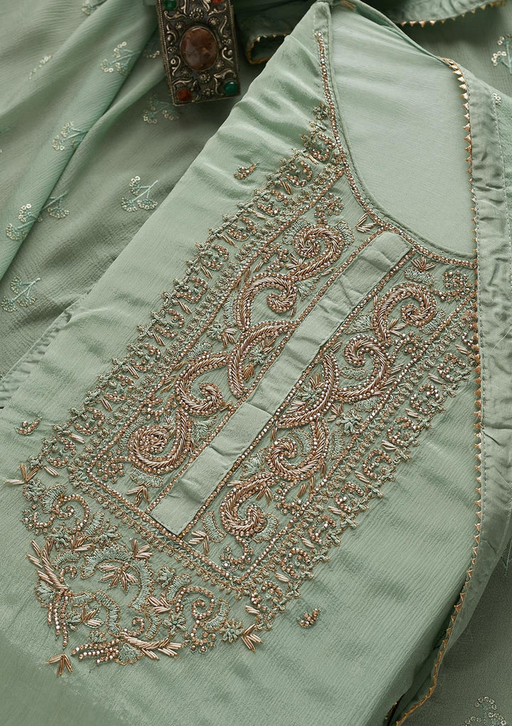 Sea Green Zardosi Georgette Designer Semi-Stitched Salwar Suit - Koskii