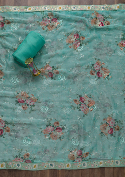 Sea Green Zariwork Art Silk Unstitched Salwar Suit-Koskii