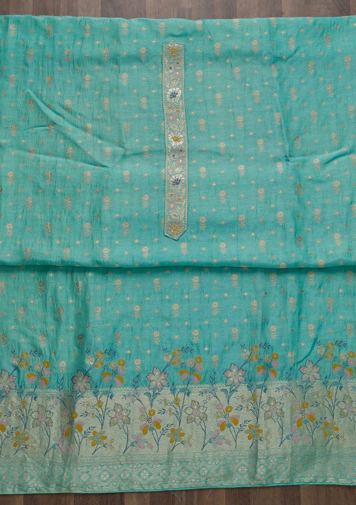 Sea Green Zariwork Art Silk Unstitched Salwar Suit-Koskii