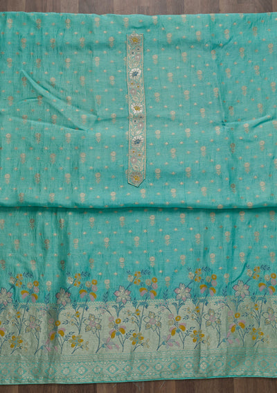 Sea Green Zariwork Art Silk Unstitched Salwar Suit-Koskii