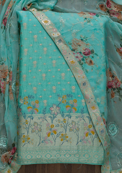 Sea Green Zariwork Art Silk Unstitched Salwar Suit-Koskii