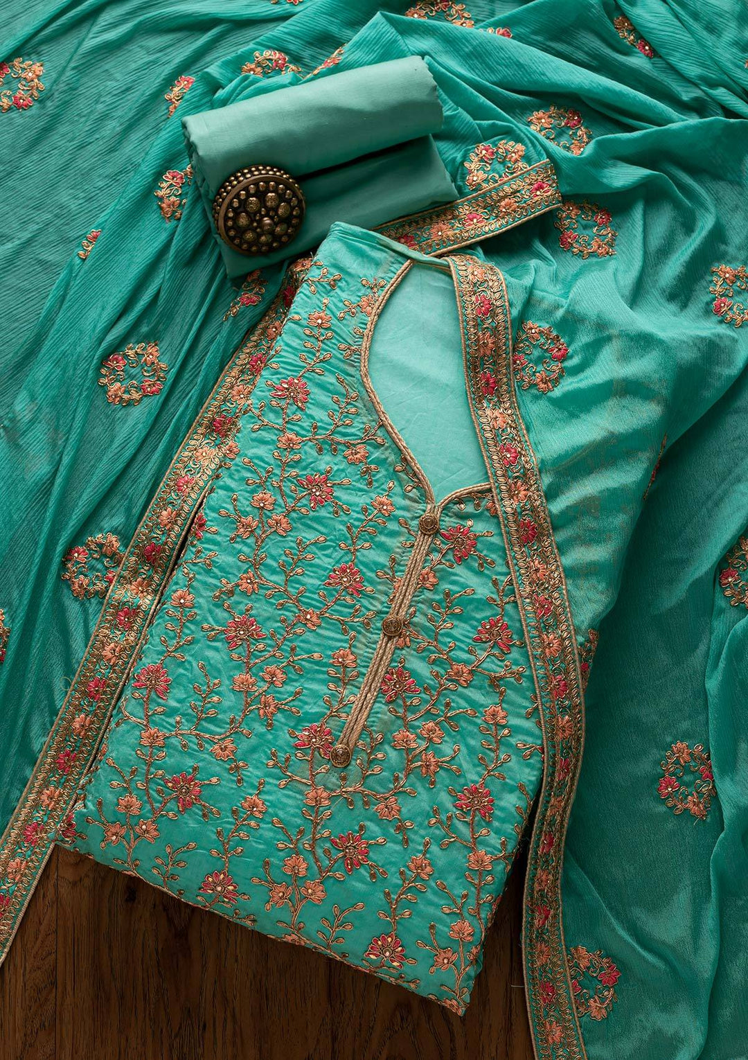 Sea Green Zariwork Art Silk Designer Unstitched Salwar Suit - Koskii