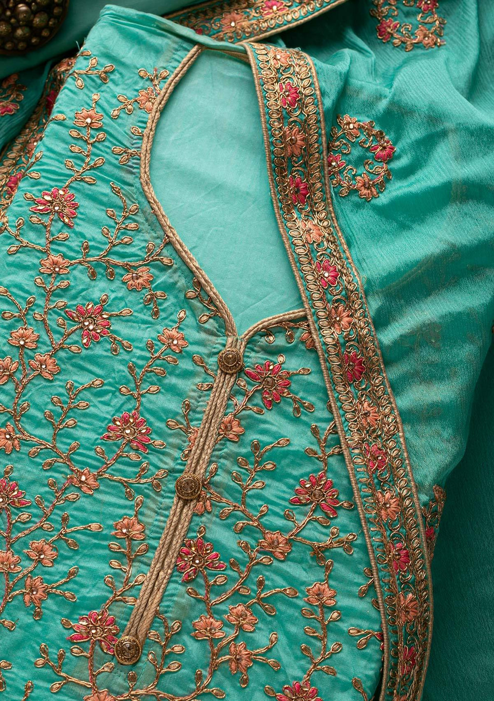 Sea Green Zariwork Art Silk Designer Unstitched Salwar Suit - Koskii