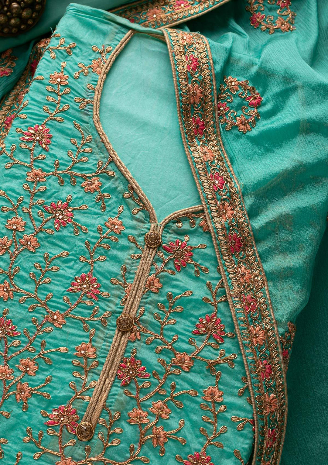 Sea Green Zariwork Art Silk Designer Unstitched Salwar Suit - Koskii