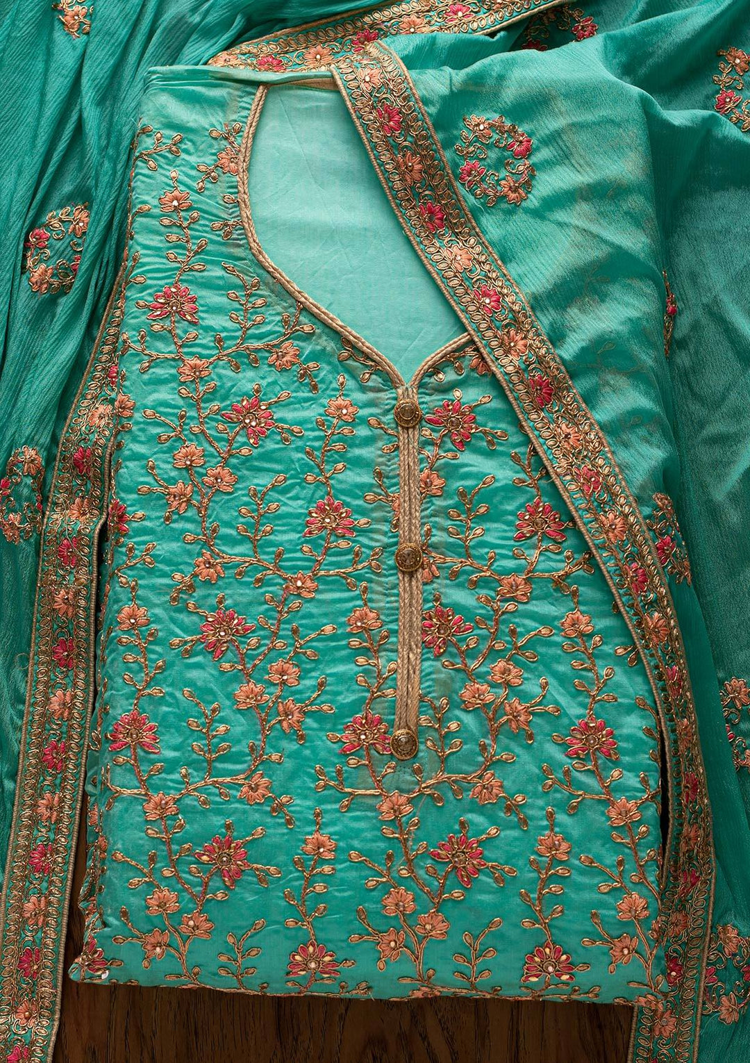 Sea Green Zariwork Art Silk Designer Unstitched Salwar Suit - Koskii