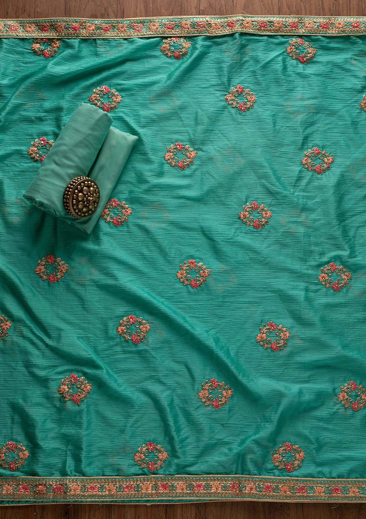 Sea Green Zariwork Art Silk Designer Unstitched Salwar Suit - Koskii