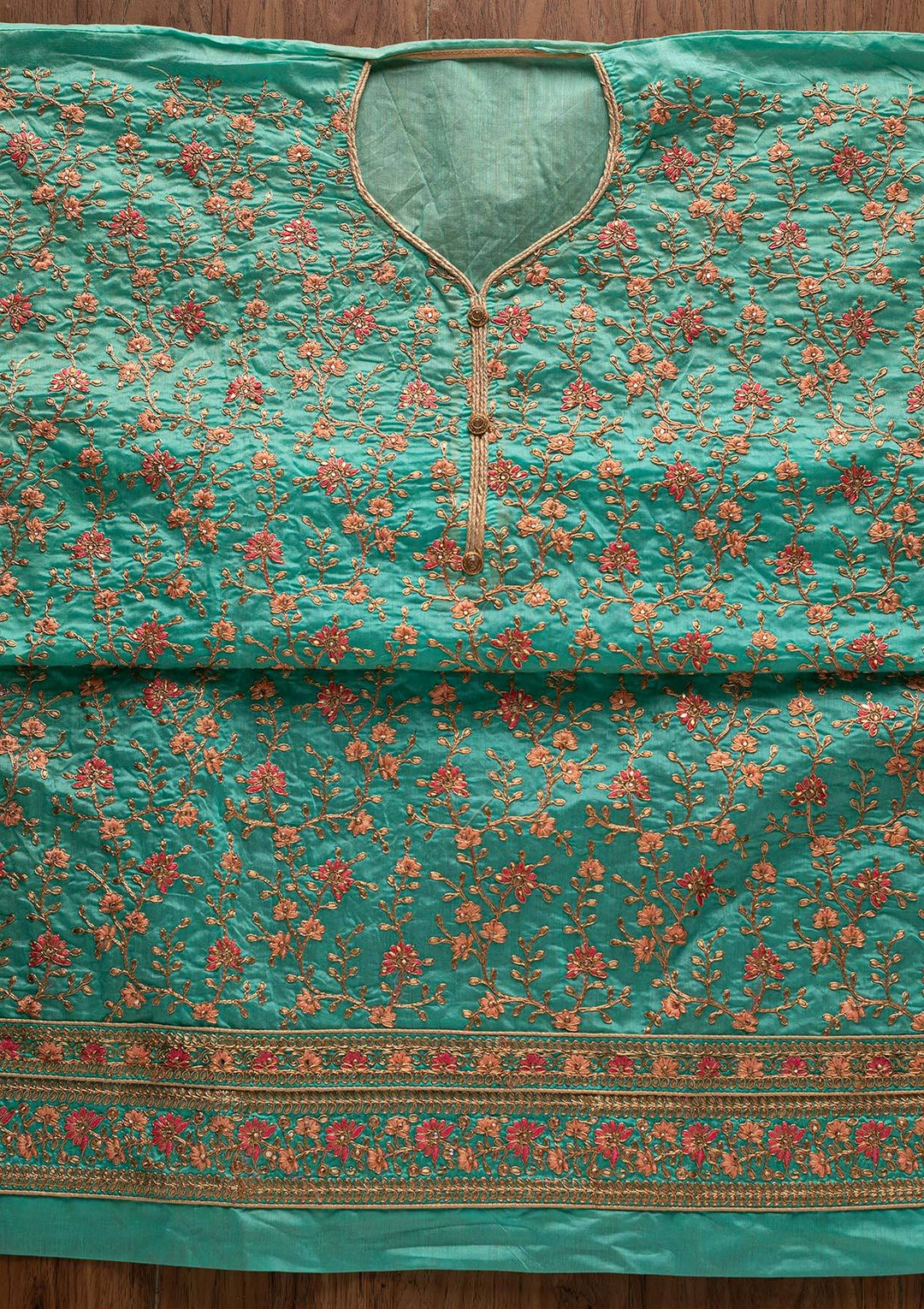 Sea Green Zariwork Art Silk Designer Unstitched Salwar Suit - Koskii