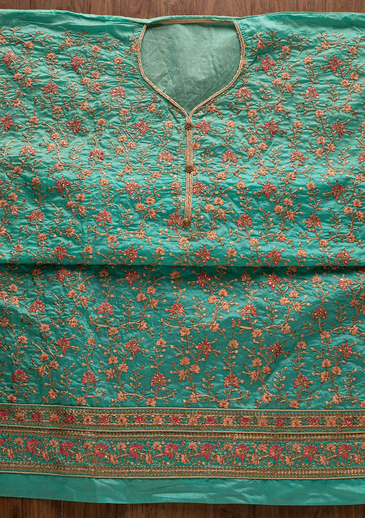 Sea Green Zariwork Art Silk Designer Unstitched Salwar Suit - Koskii