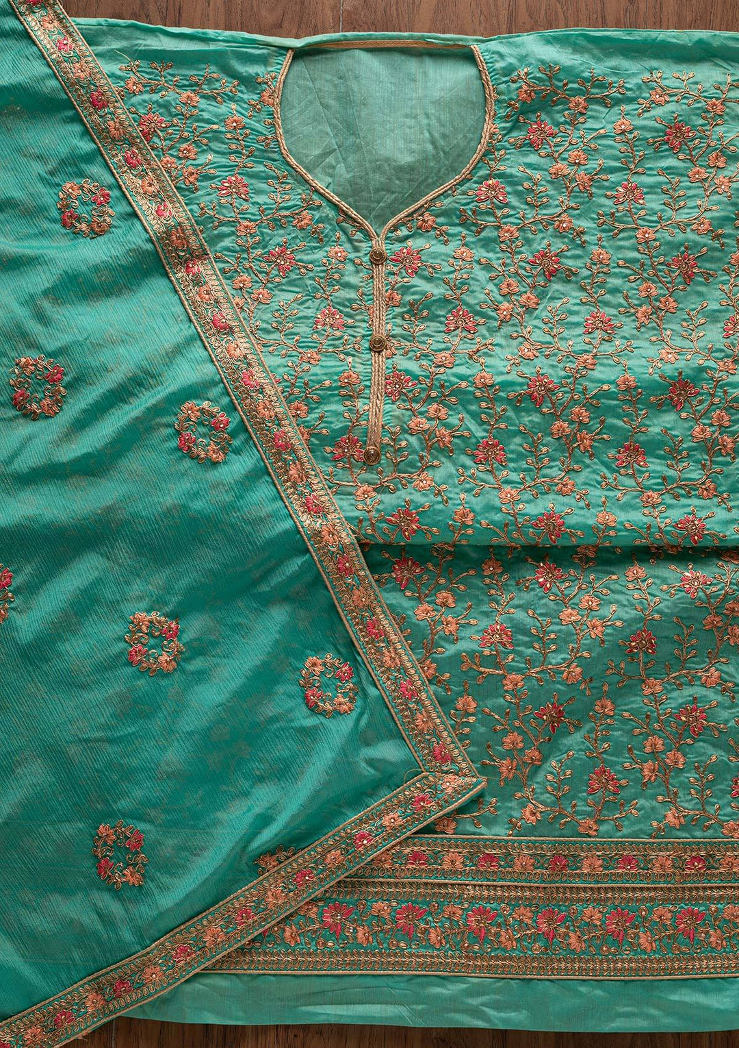 Sea Green Zariwork Art Silk Designer Unstitched Salwar Suit - Koskii