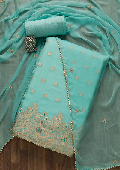 Sea Green Zariwork Art Silk Unstitched Salwar Suit-Koskii
