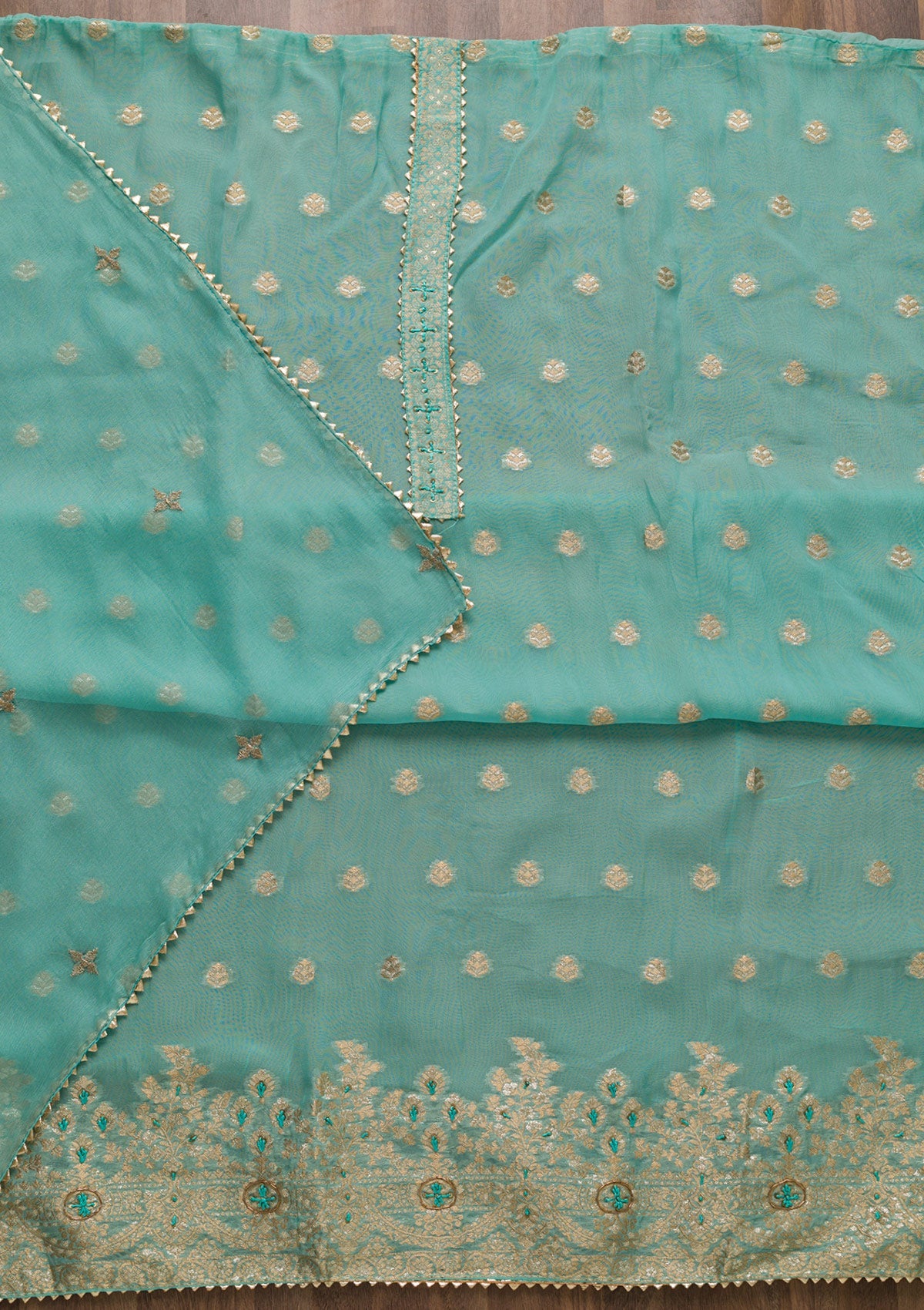 Sea Green Zariwork Art Silk Unstitched Salwar Suit-Koskii