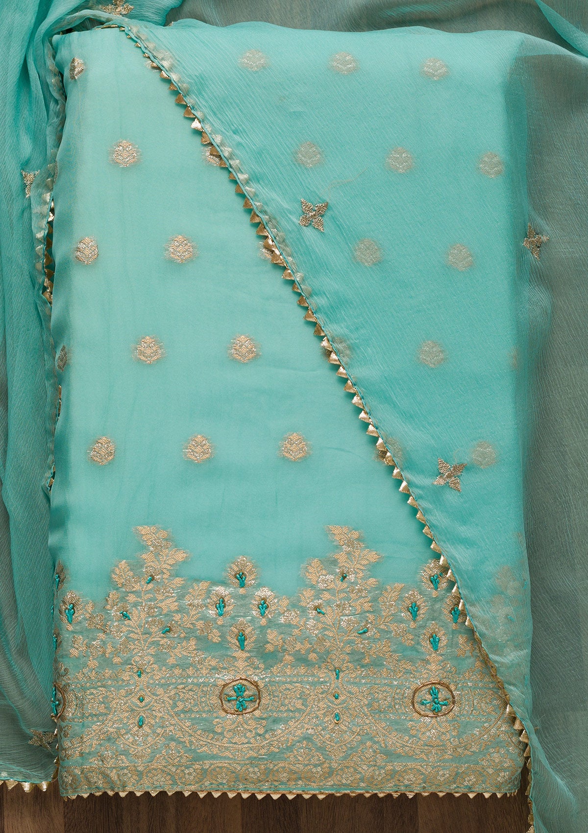 Sea Green Zariwork Art Silk Unstitched Salwar Suit-Koskii