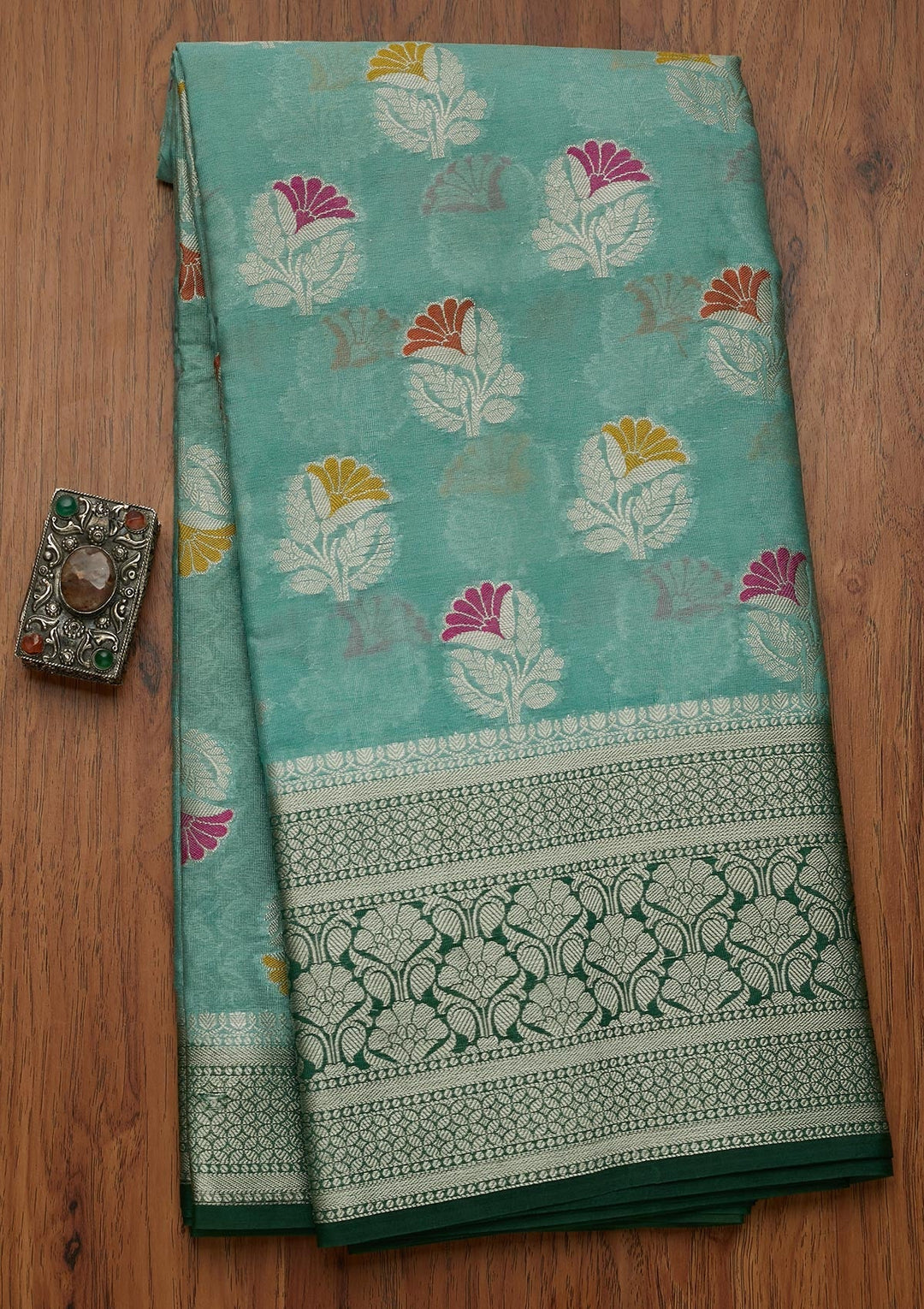 Sea Green Zariwork Art Silk Saree- Koskii