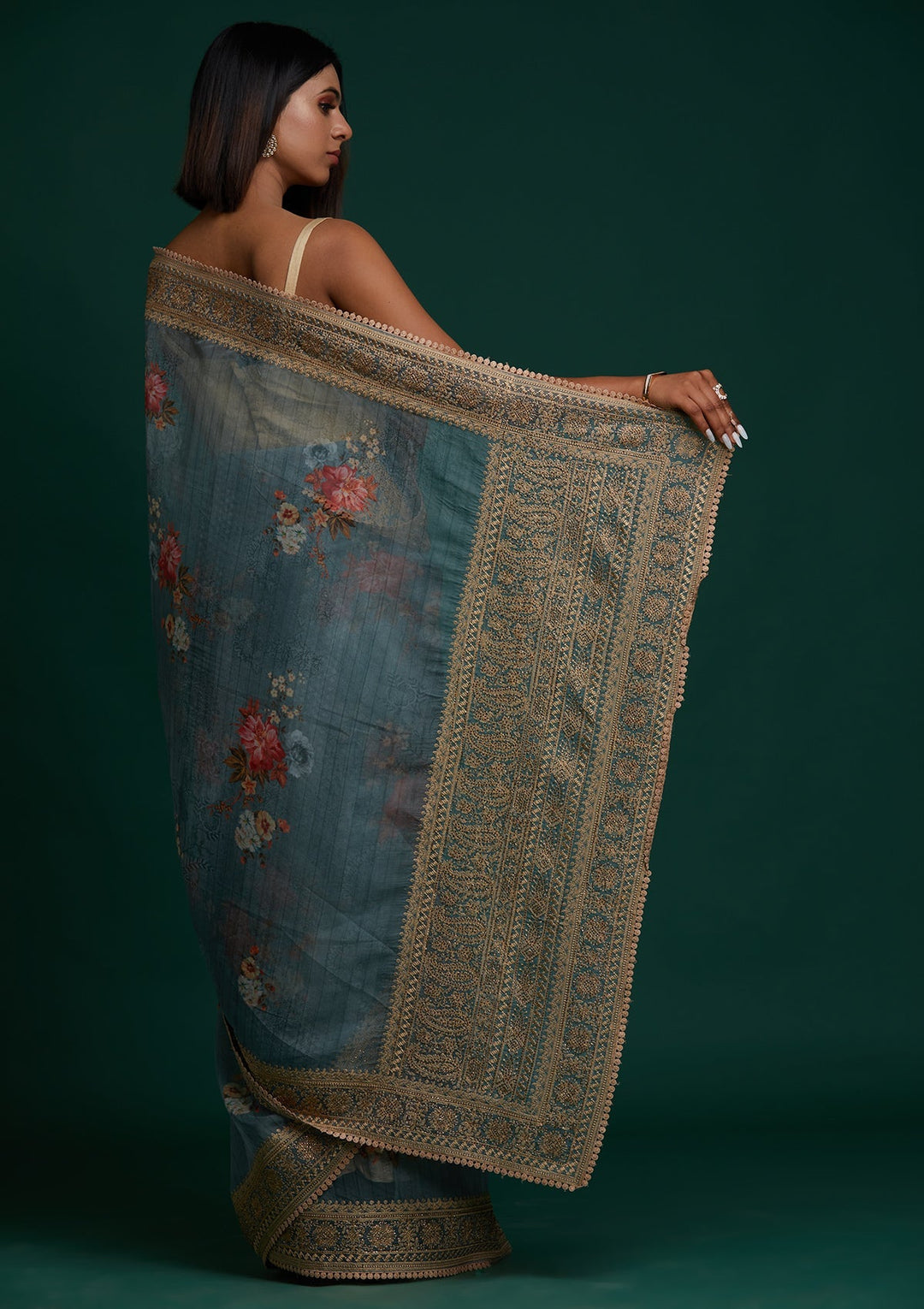Sea Green Zariwork Art Silk Saree - Koskii