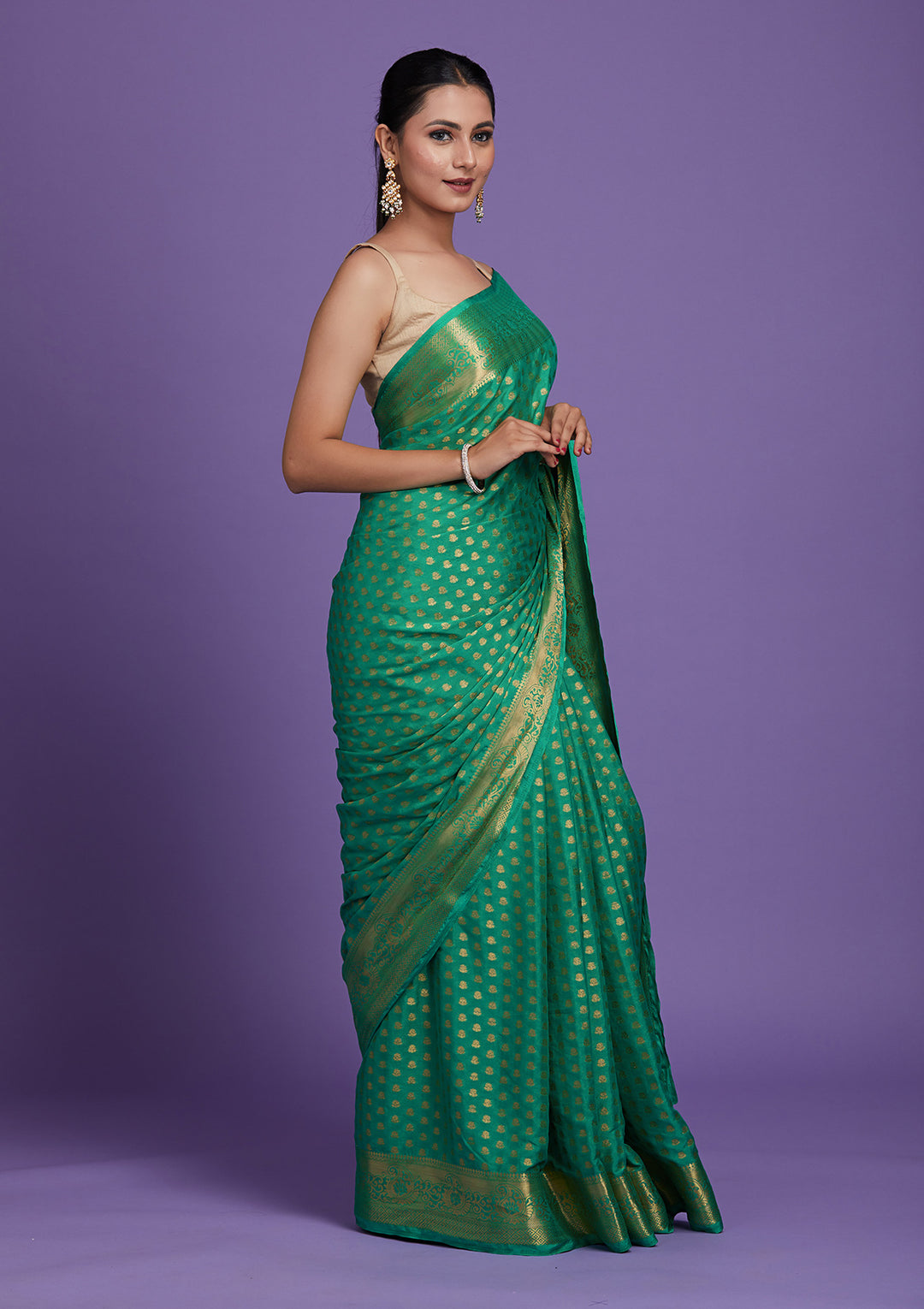 Sea Green Zariwork Art Silk Saree-Koskii