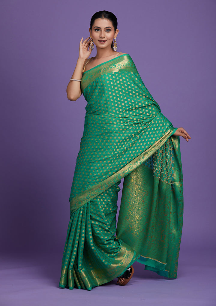 Sea Green Zariwork Art Silk Saree-Koskii