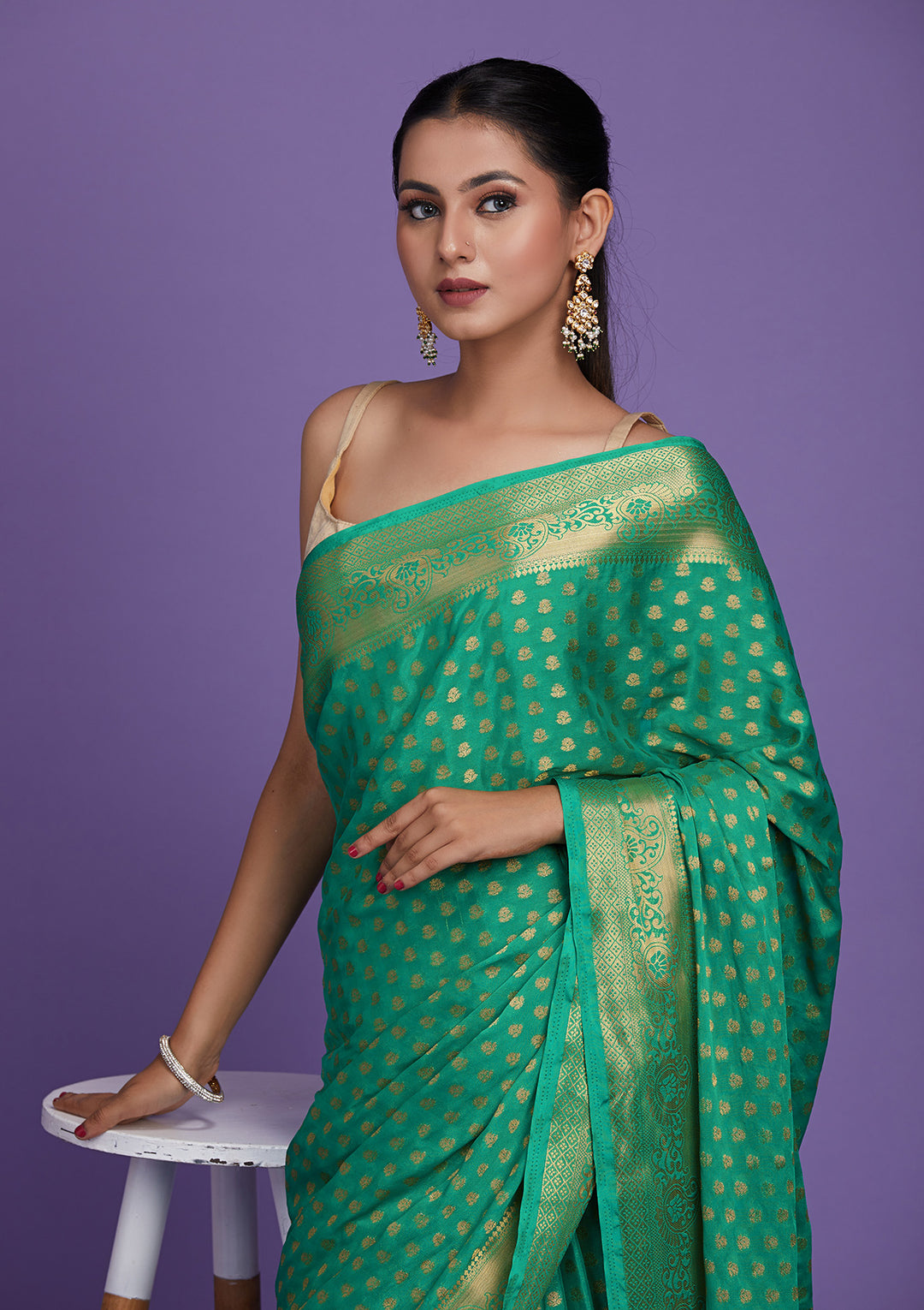 Sea Green Zariwork Art Silk Saree-Koskii