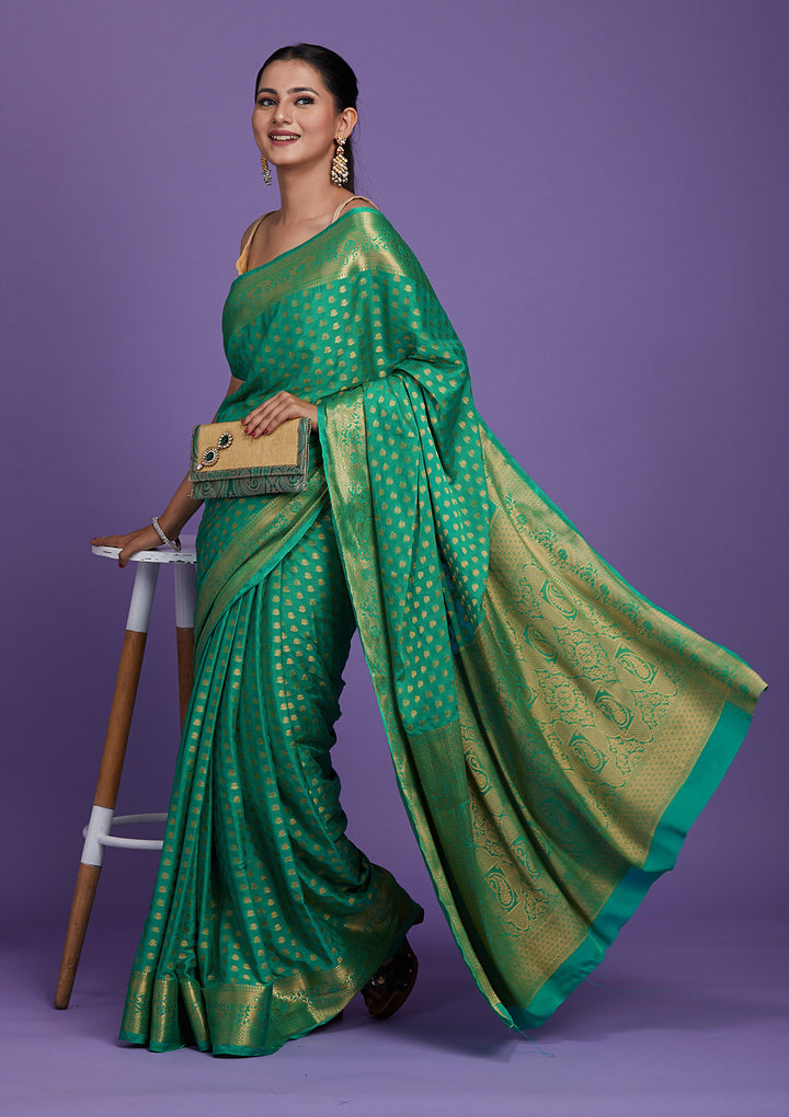 Sea Green Zariwork Art Silk Saree-Koskii