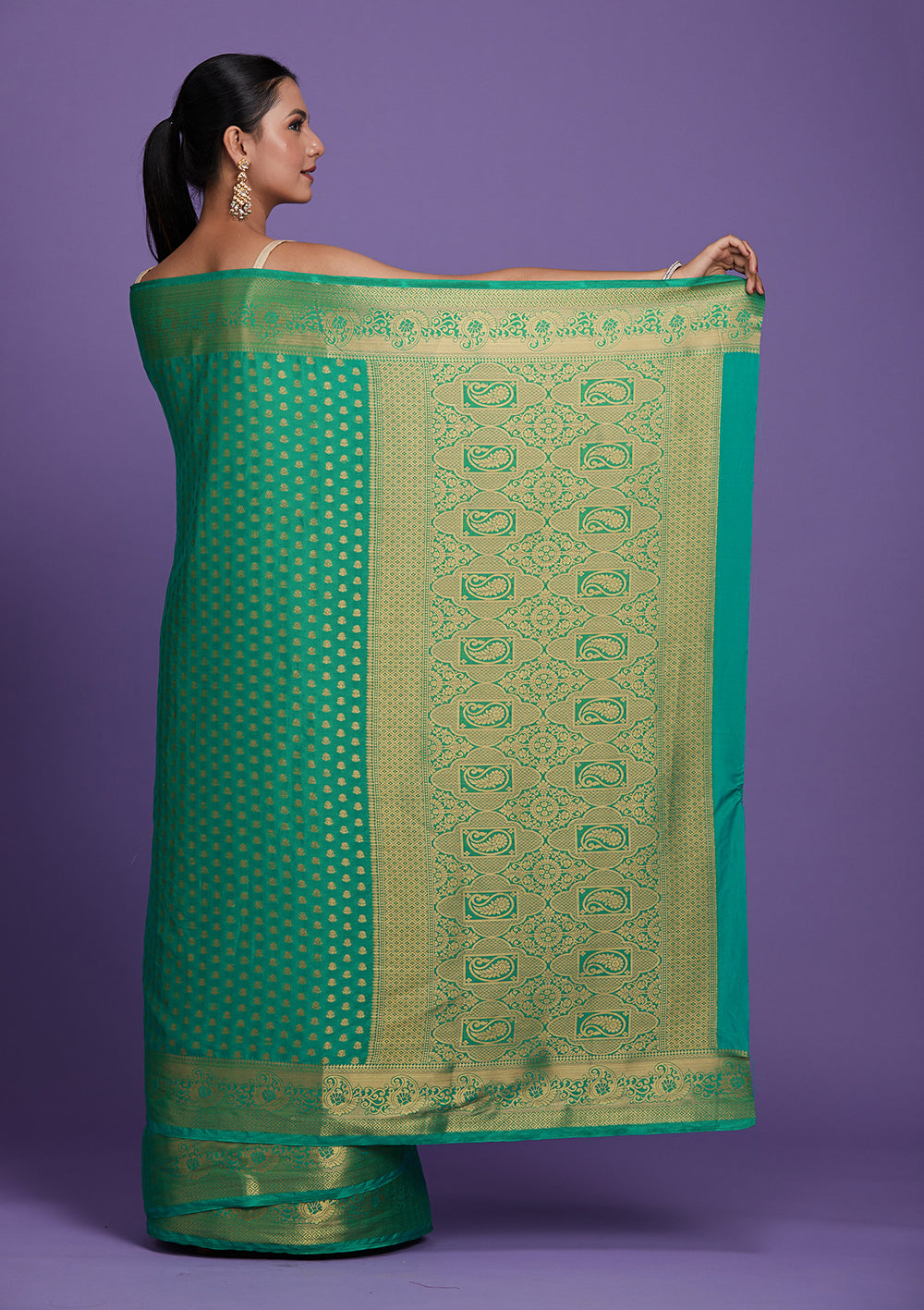 Sea Green Zariwork Art Silk Saree-Koskii