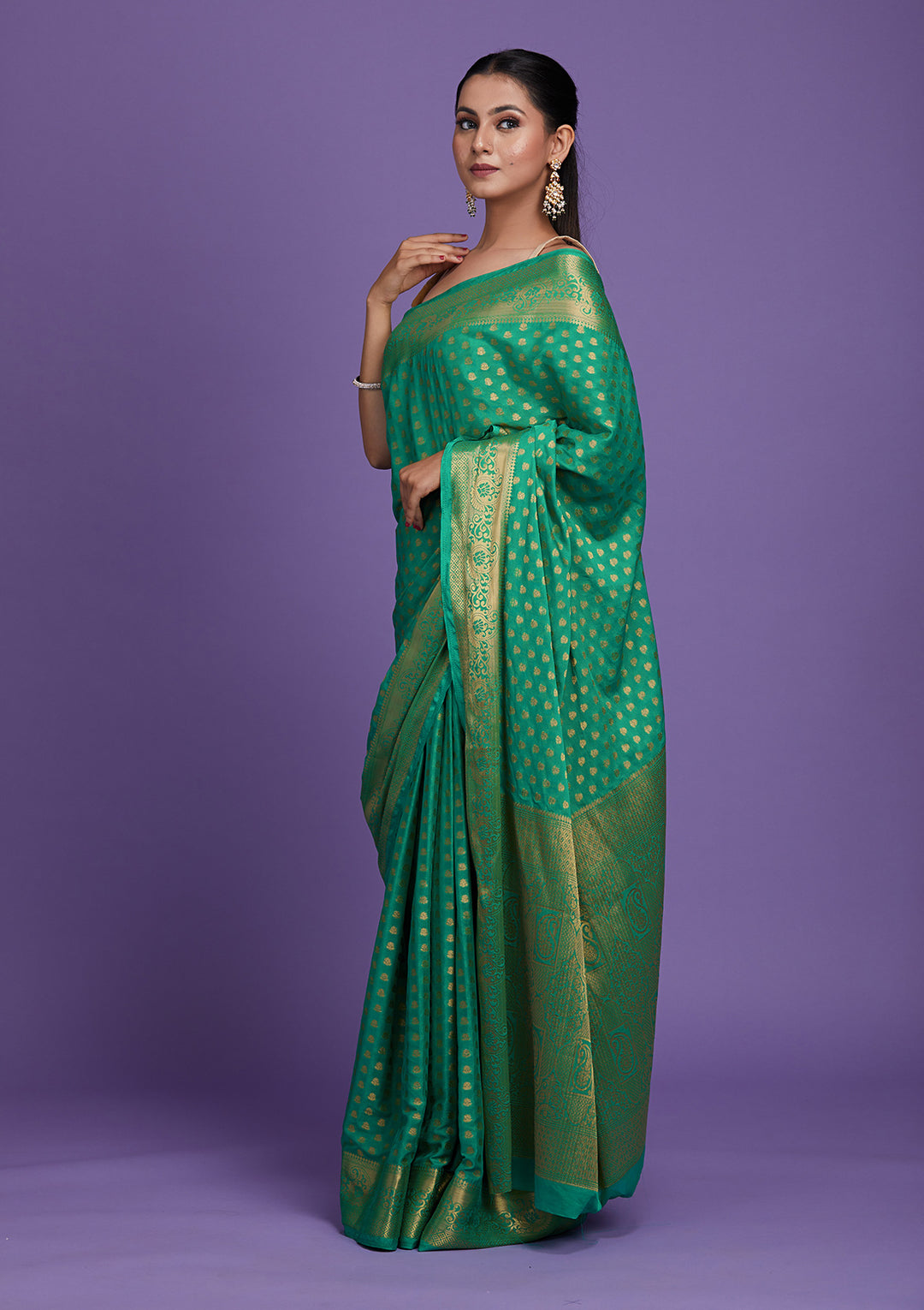 Sea Green Zariwork Art Silk Saree-Koskii