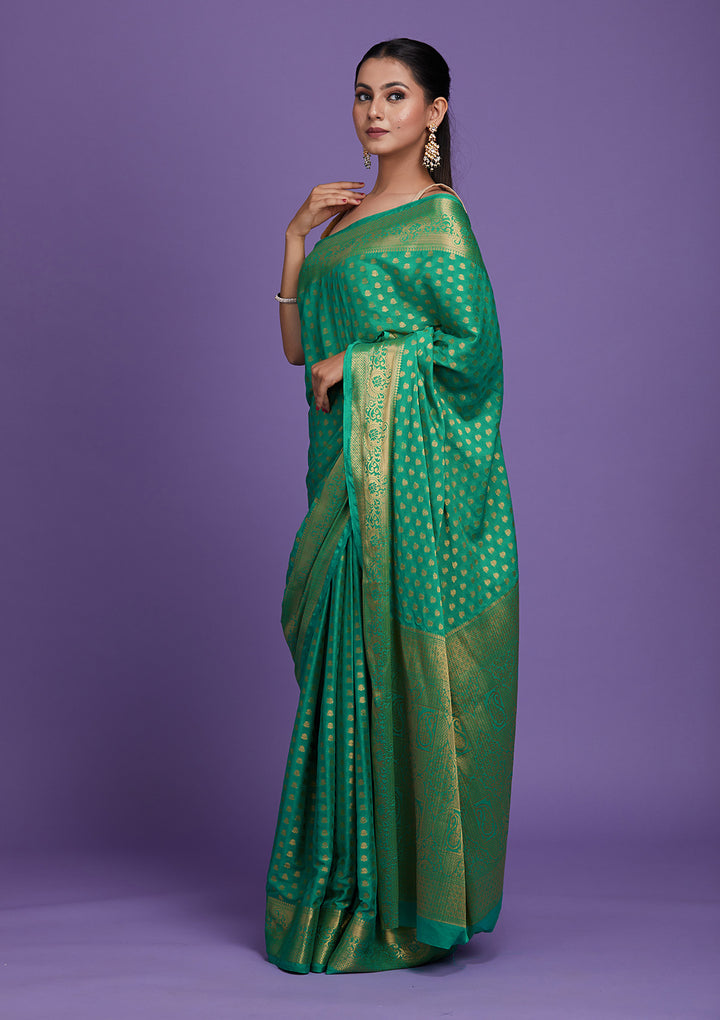 Sea Green Zariwork Art Silk Saree-Koskii