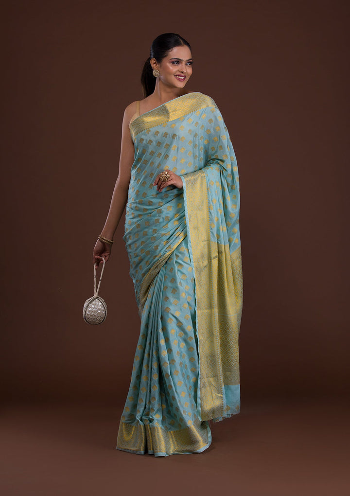Sea Green Zariwork Art Silk Saree-Koskii