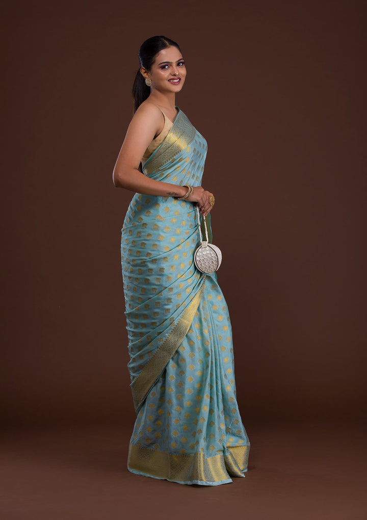 Sea Green Zariwork Art Silk Saree-Koskii