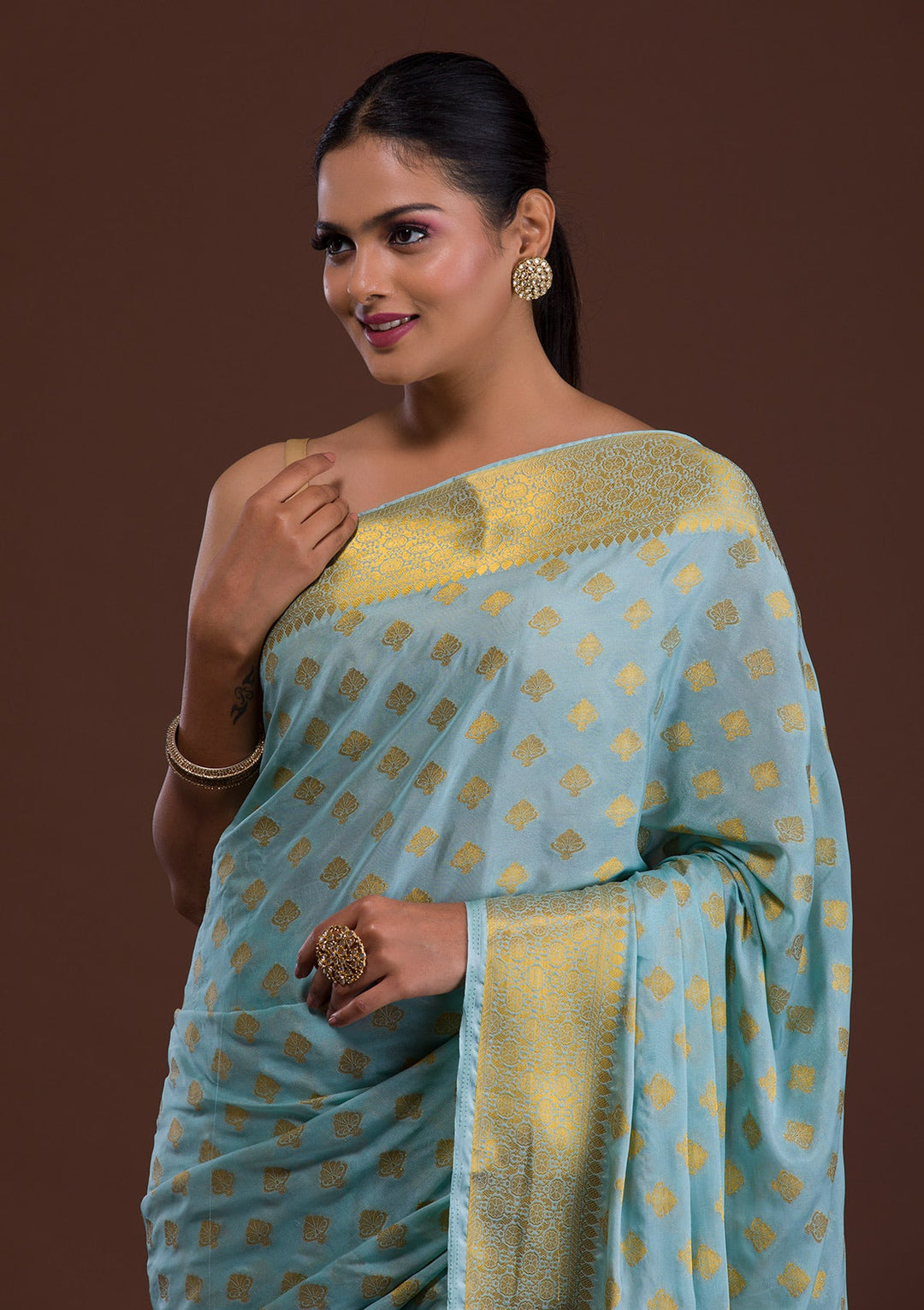 Sea Green Zariwork Art Silk Saree-Koskii