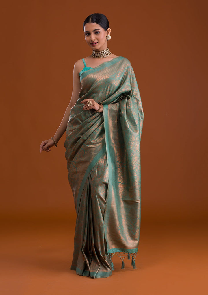 Sea Green Zariwork Art Silk Saree-Koskii