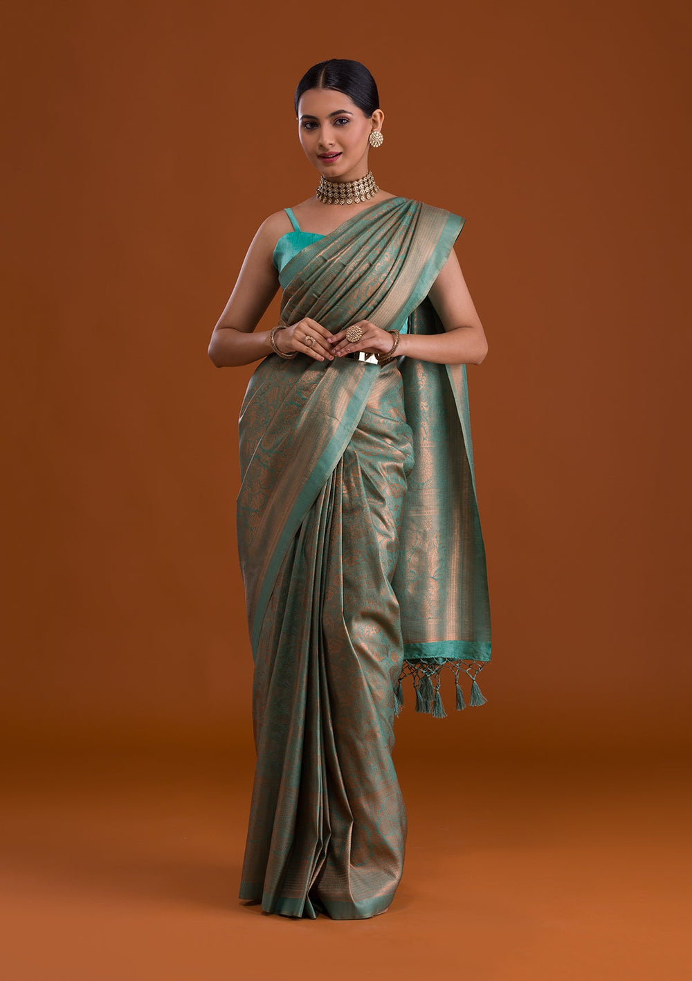 Sea Green Zariwork Art Silk Saree-Koskii