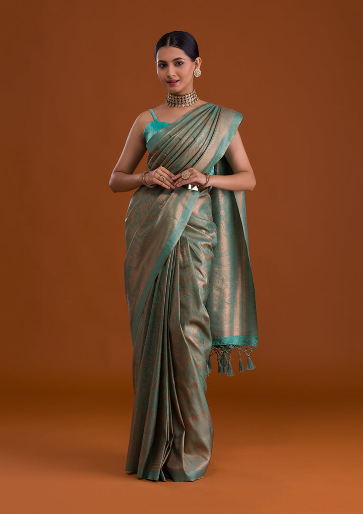 Sea Green Zariwork Art Silk Saree-Koskii