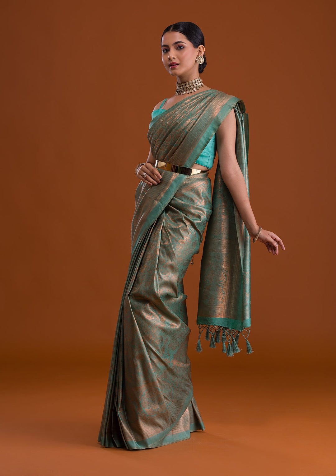 Sea Green Zariwork Art Silk Saree-Koskii