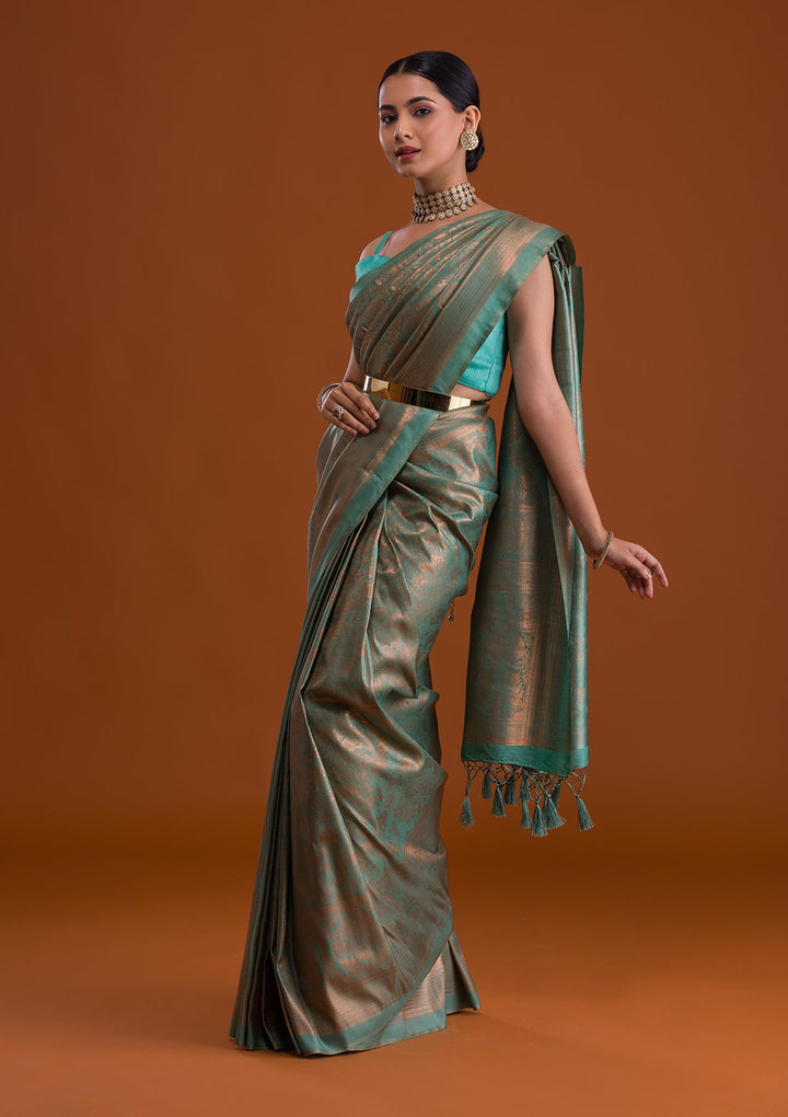 Sea Green Zariwork Art Silk Saree-Koskii