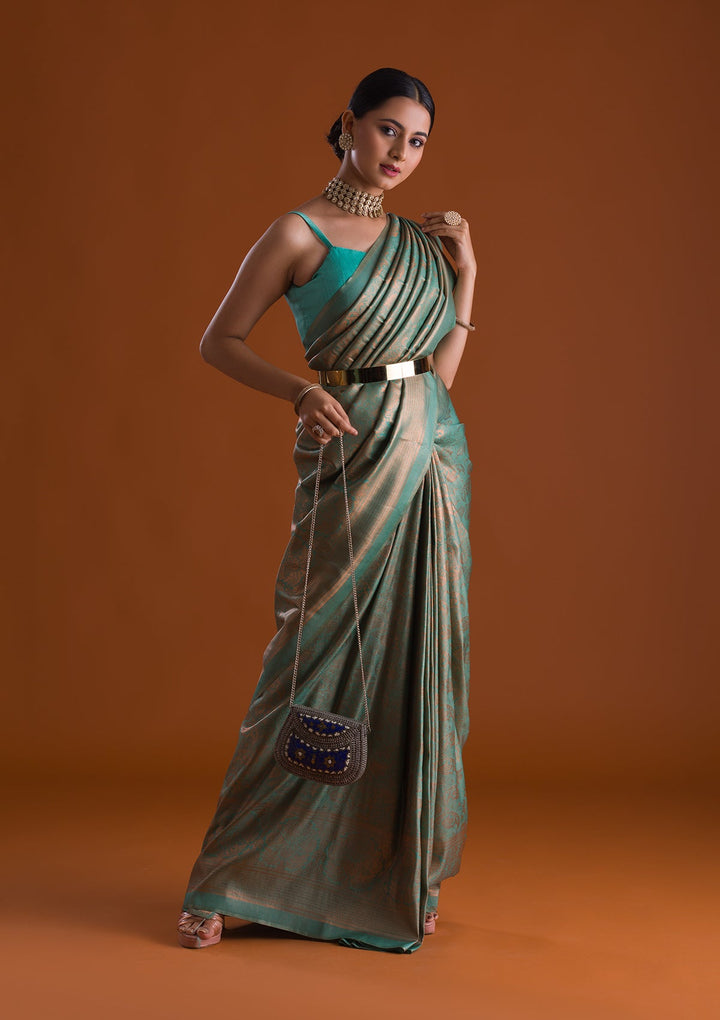 Sea Green Zariwork Art Silk Saree-Koskii