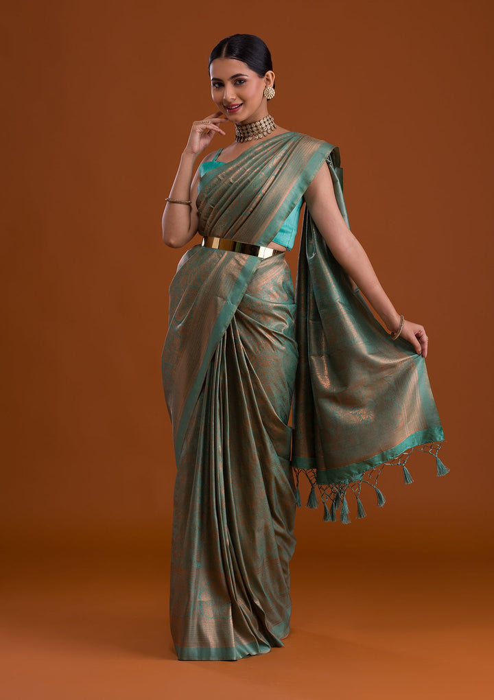 Sea Green Zariwork Art Silk Saree-Koskii