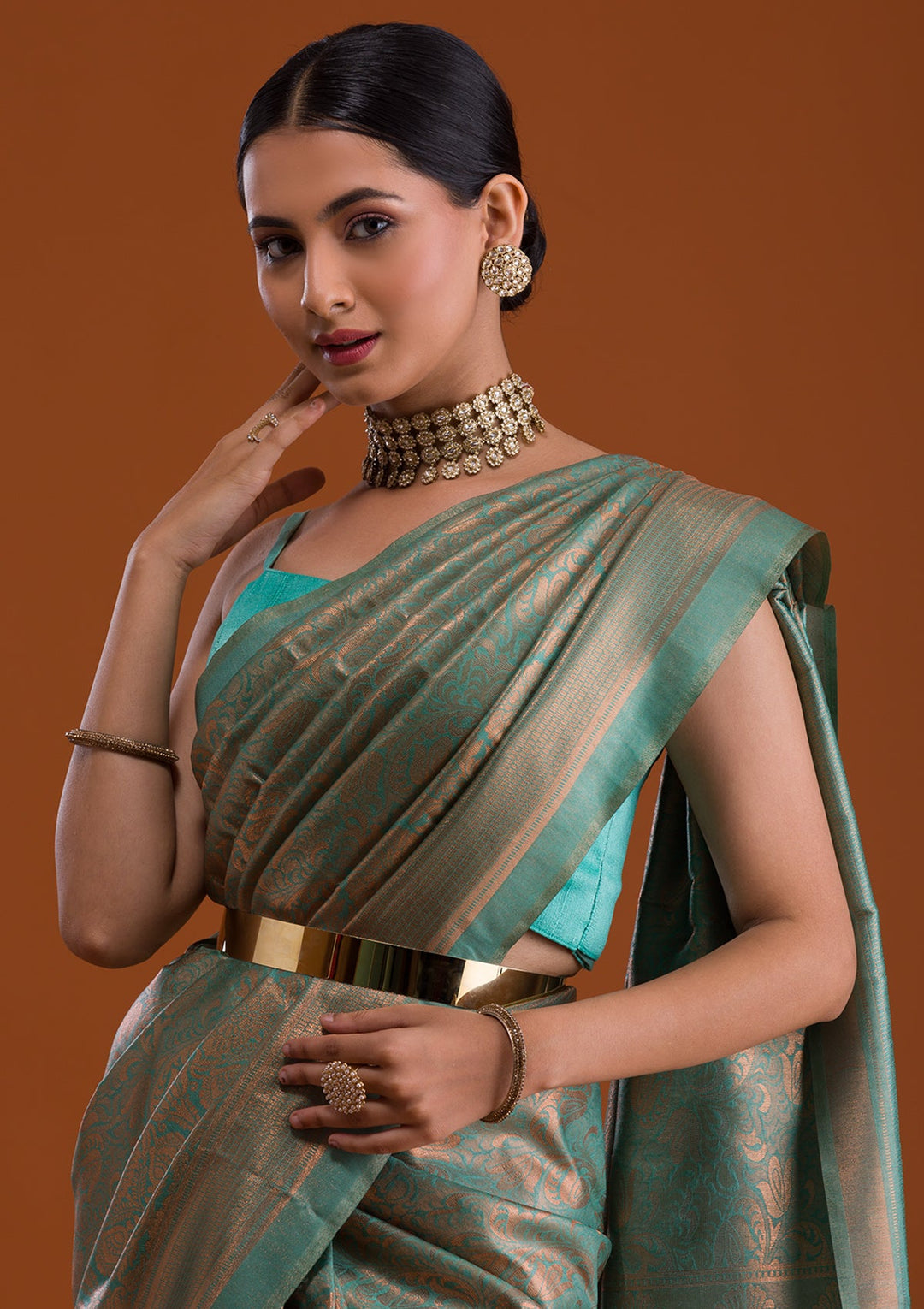 Sea Green Zariwork Art Silk Saree-Koskii