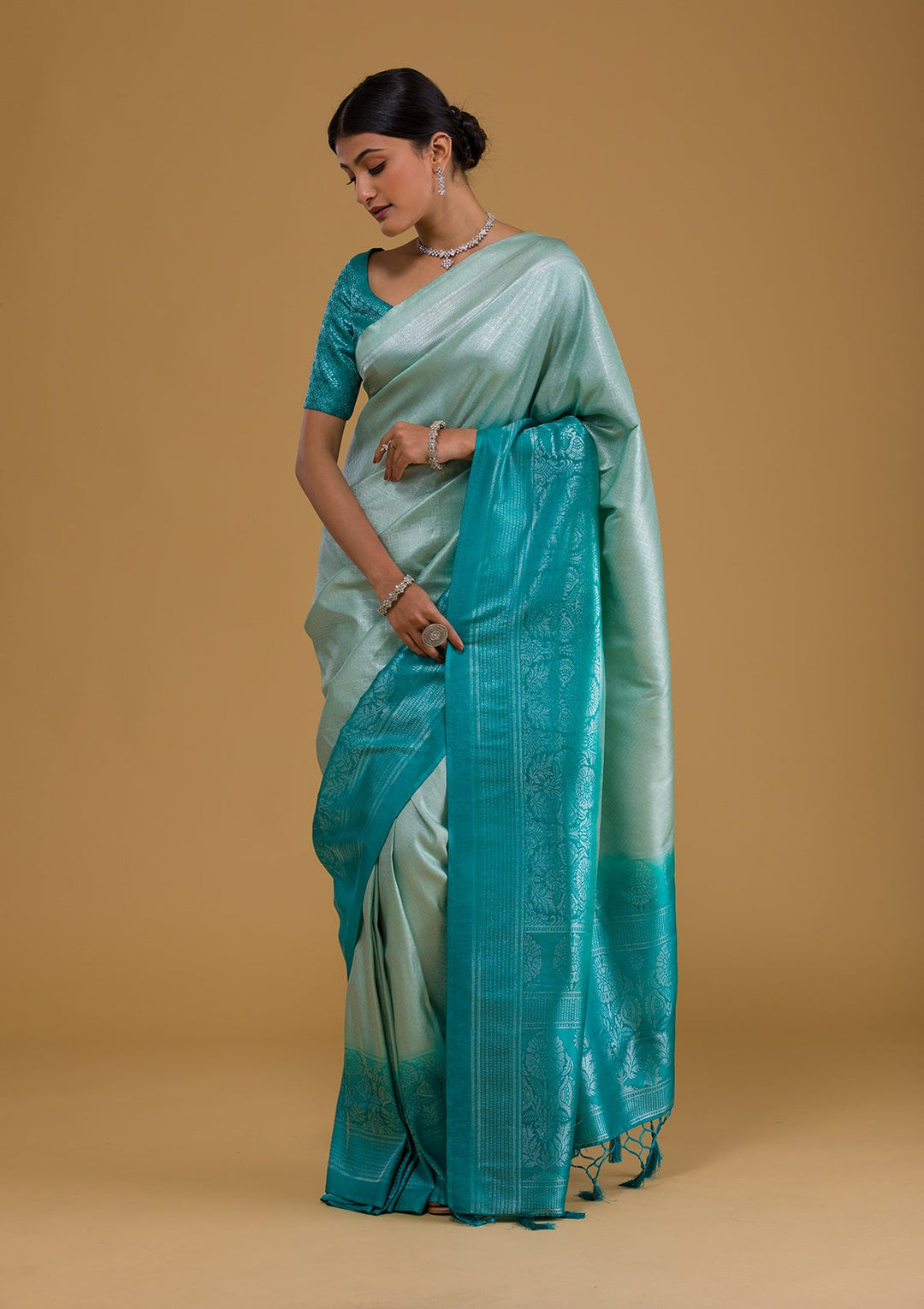 Sea Green Zariwork Art Silk Designer Saree-Koskii