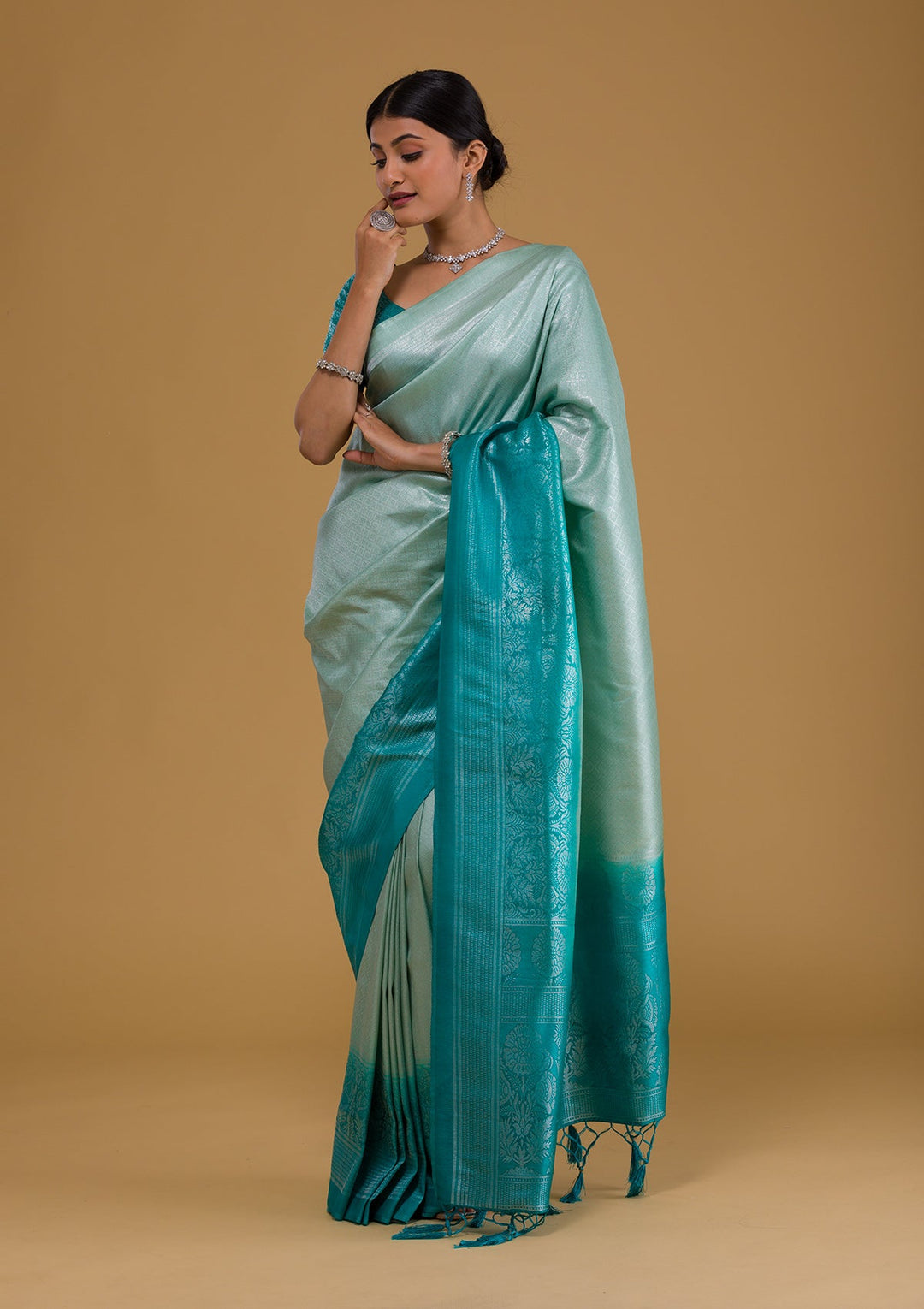 Sea Green Zariwork Banarasi Saree-Koskii