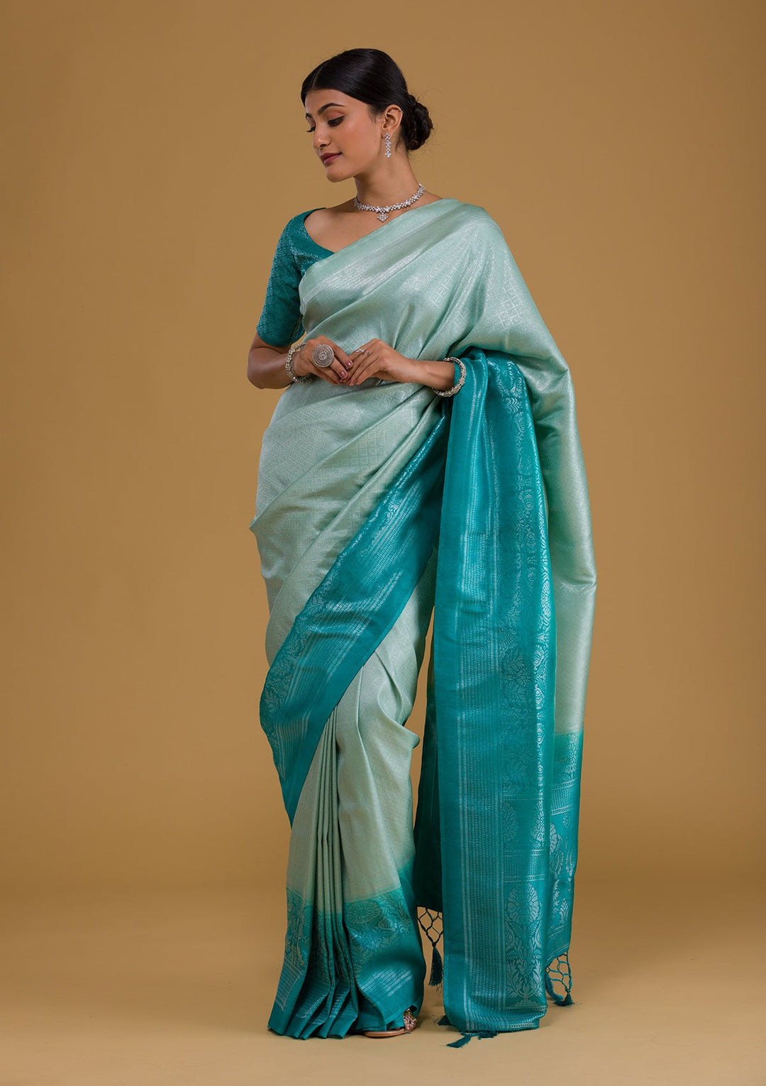 Sea Green Zariwork Banarasi Saree-Koskii