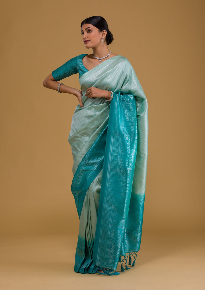 Sea Green Zariwork Banarasi Saree-Koskii