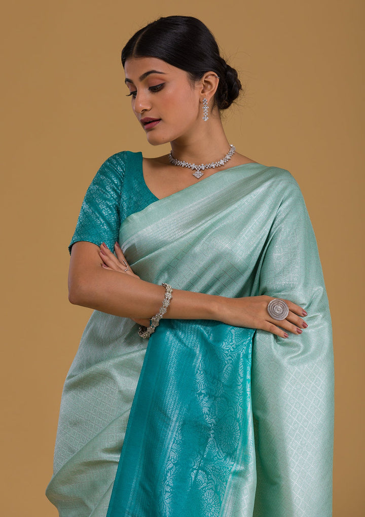 Sea Green Zariwork Banarasi Saree-Koskii
