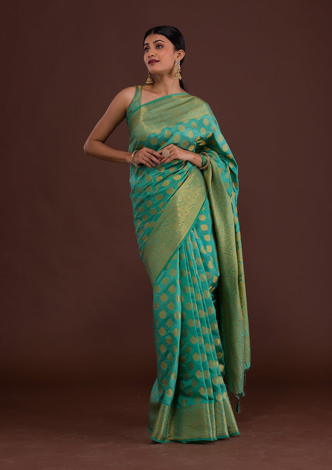 Sea Green Zariwork Art Silk Saree-Koskii